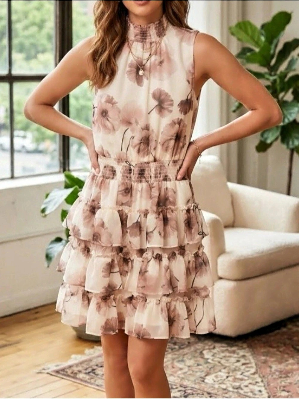 Floral Ruffle Mini Dress in Pink & White Like New